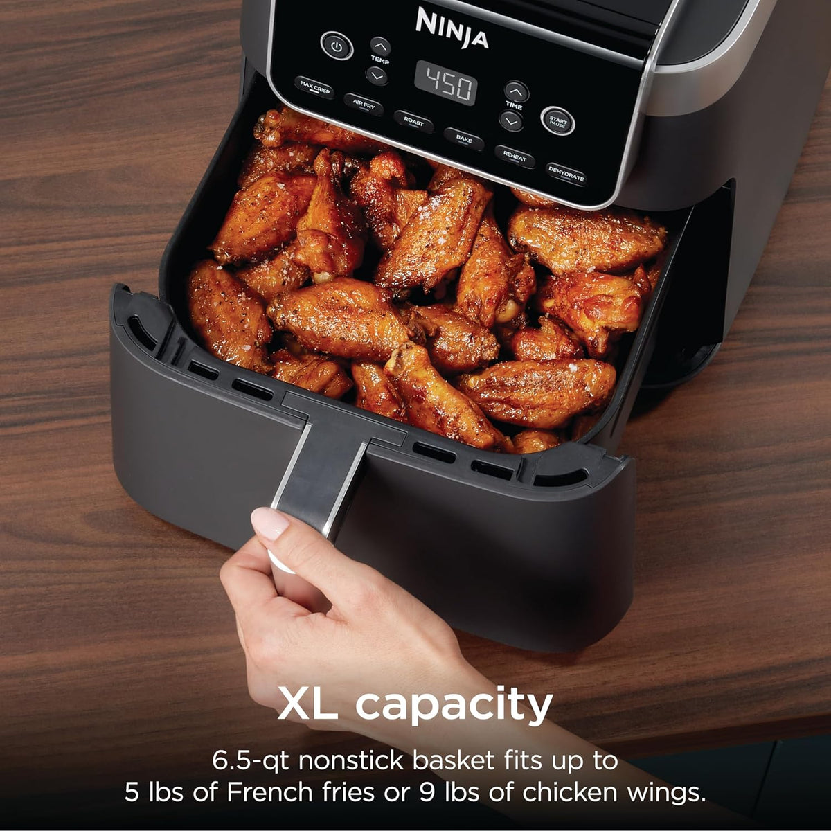 Ninja Air Fryer XL with MaxCrisp, 6.5 Qt, 6-in-1, Grey, AF181 | Max crisp, air fry, roast, bake, reheat, dehydrate, 1750W, 450F max, Fits 9 lbs wings