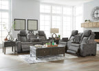 Signature Design by Ashley Faux Leather Power Reclining Sofa, Slate | 15-minute assembly, Zero gravity reclining couch, Drop-down table, Wireless charging, Power headrest, Next-Gen series