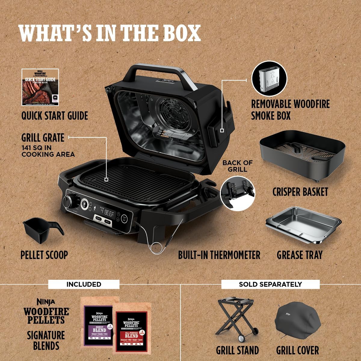 Ninja Woodfire™ Pro Outdoor Grill with Built-in Thermometer, OG751 | Ninja Woodfire Pro Grill uses wood pellets & electric power, with a built-in thermometer for perfect, no-guesswork cooking