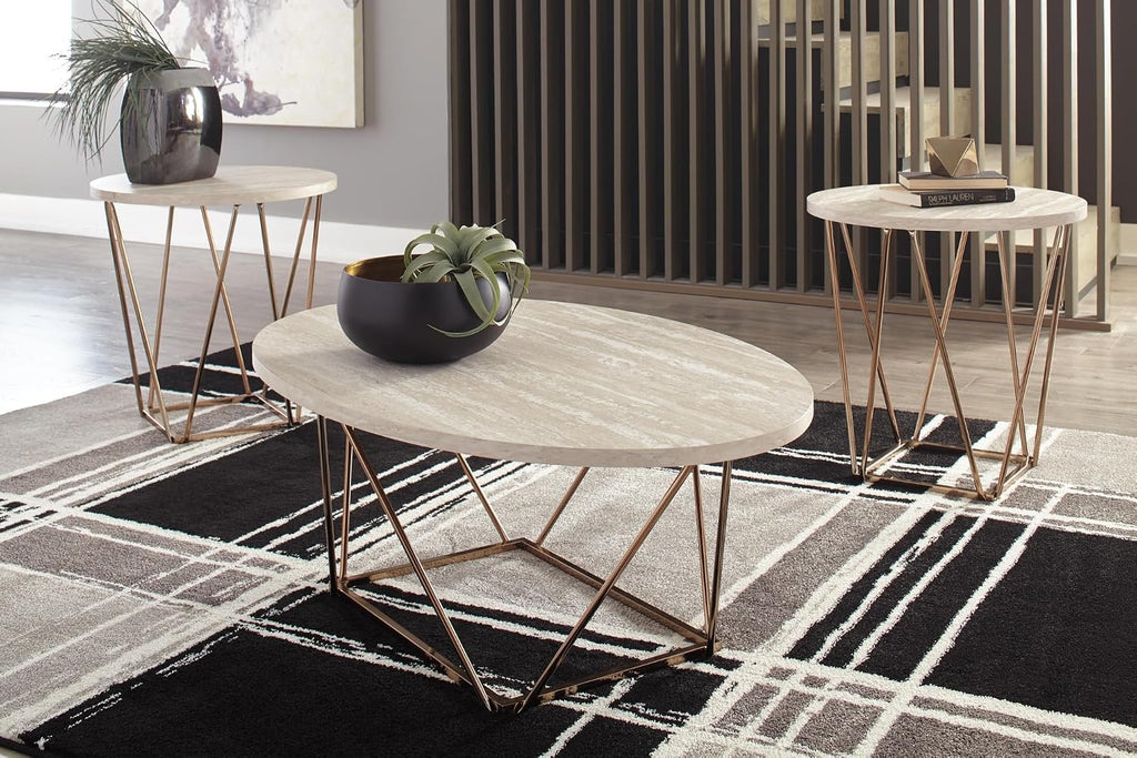 Signature Design by Ashley Faux Marble Coffee Table Set of 3, White & Gold | Supports 250 pounds, 47-inch oval center table and 2 24-inch high side tables, Light goldtone metal base, Tarica Series