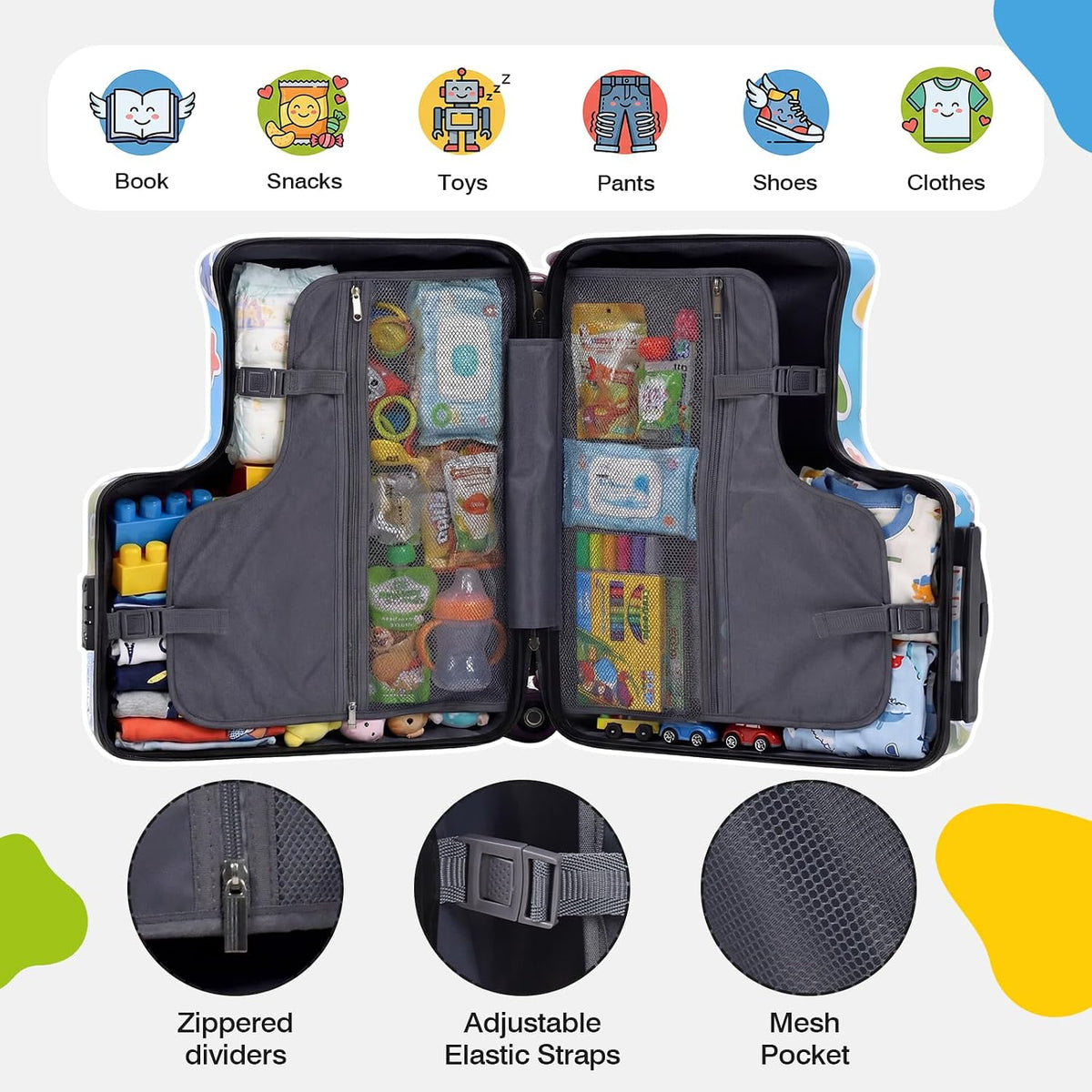 20" Ride On Luggage for Kids,Cute Pattern,Lightweight Hardshell Carry-On Luggage with Double Spinner Wheels,TSA Lock,Circular Handrail,Safety Belt,Foot Pedal,for Boys&Girls,Load Cap. 120 lbs (Blue)