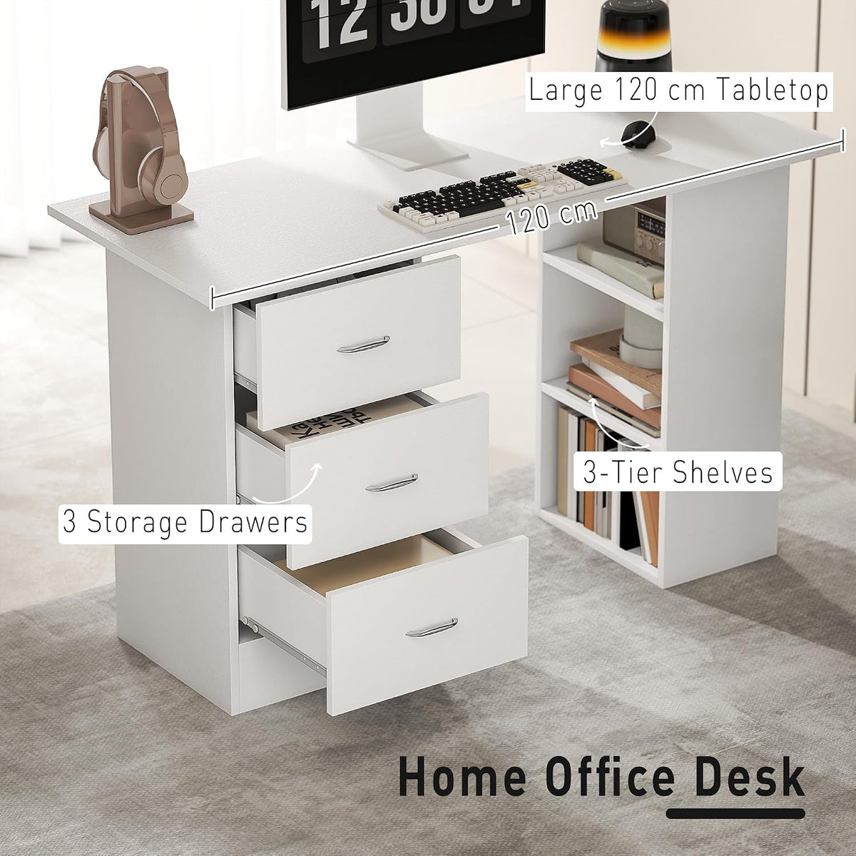 HOMCOM Computer Desk w/Drawers 120 x 49 x 72 cm White