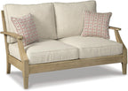 Signature Design by Ashley Clare View Outdoor Loveseat with Cushion, Beige | Eucalyptus wood frame, 5-step protective coating, Nuvella performance fabric, Compact balcony furniture, 2 throw pillows