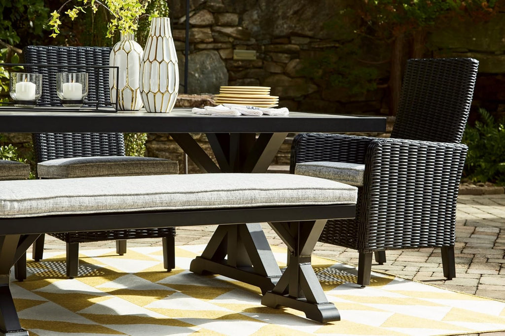 Signature Design by Ashley Beachcroft Outdoor Dining Table, Rust-Resistant Farmhouse Design with Porcelain Tabletop and Umbrella Hole, for Patio Entertaining, Black/Light Gray, 84-Inch