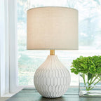 Signature Design by Ashley Ceramic Table Lamp, Bedside, Antique White | Textured wave ceramic base, Compact 18-inch height ideal for bedside nightstands and transitional styling, Wardmont Series