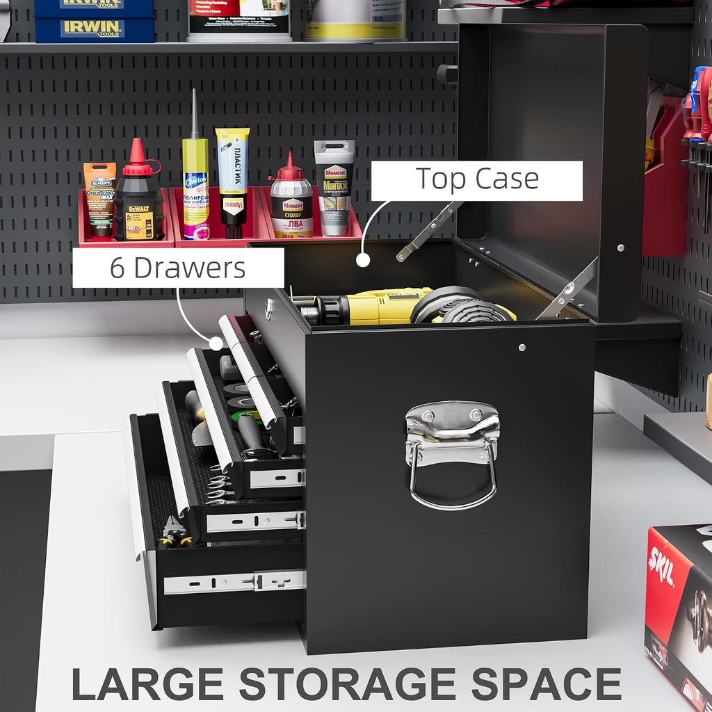 HOMCOM 6 Drawer Tool Chest Lockable Top Case 600mm x 260mm x 340mm Black