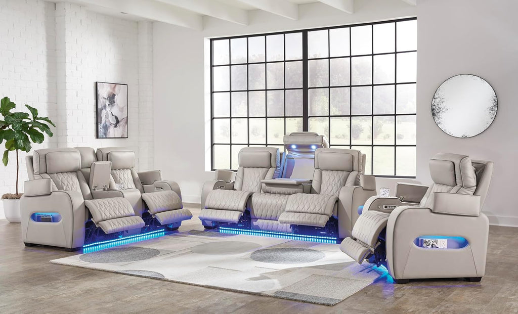 Signature Design by Ashley Power Reclining Loveseat with Console, Gray | Heated air massage seats, Top grain leather faux leather combination, Zero gravity recline, Home theater seating, Boyington