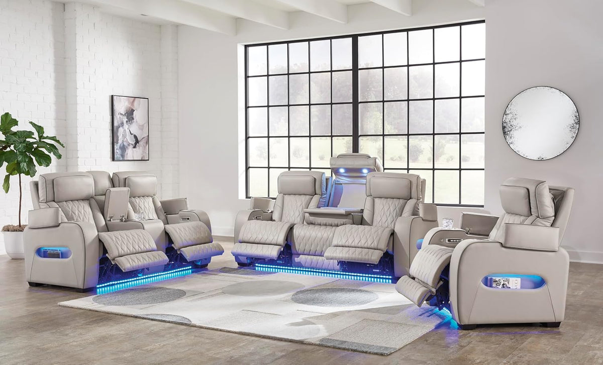 Signature Design by Ashley Power Reclining Loveseat with Console, Gray | Heated air massage seats, Top grain leather faux leather combination, Zero gravity recline, Home theater seating, Boyington
