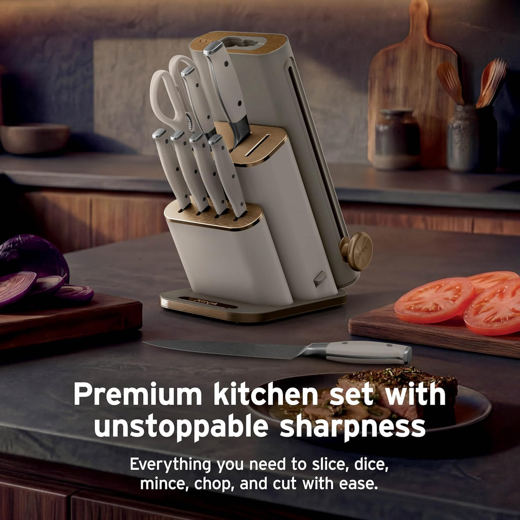 Ninja® NeverDull® 10-Pc German Steel Knife Set, Stone Gold, NK32010SD1 | Stays razor-sharp 10+ years. Premium German steel. Removable sharpener stores in a drawer saving up to 35% more counter space