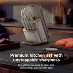 Ninja® NeverDull® 10-Pc German Steel Knife Set, Stone Gold, NK32010SD1 | Stays razor-sharp 10+ years. Premium German steel. Removable sharpener stores in a drawer saving up to 35% more counter space