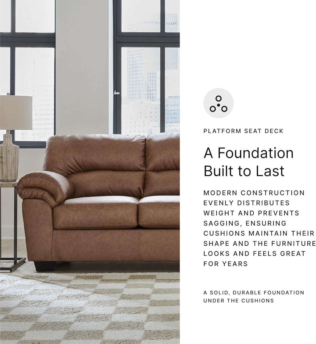 Signature Design by Ashley Caramel Faux Leather Sofa, No Assembly Required | Anti-sag platform deck, Caramel 98% polyester and 2% PU blend, Contemporary 3-seater design, Walker Point Series