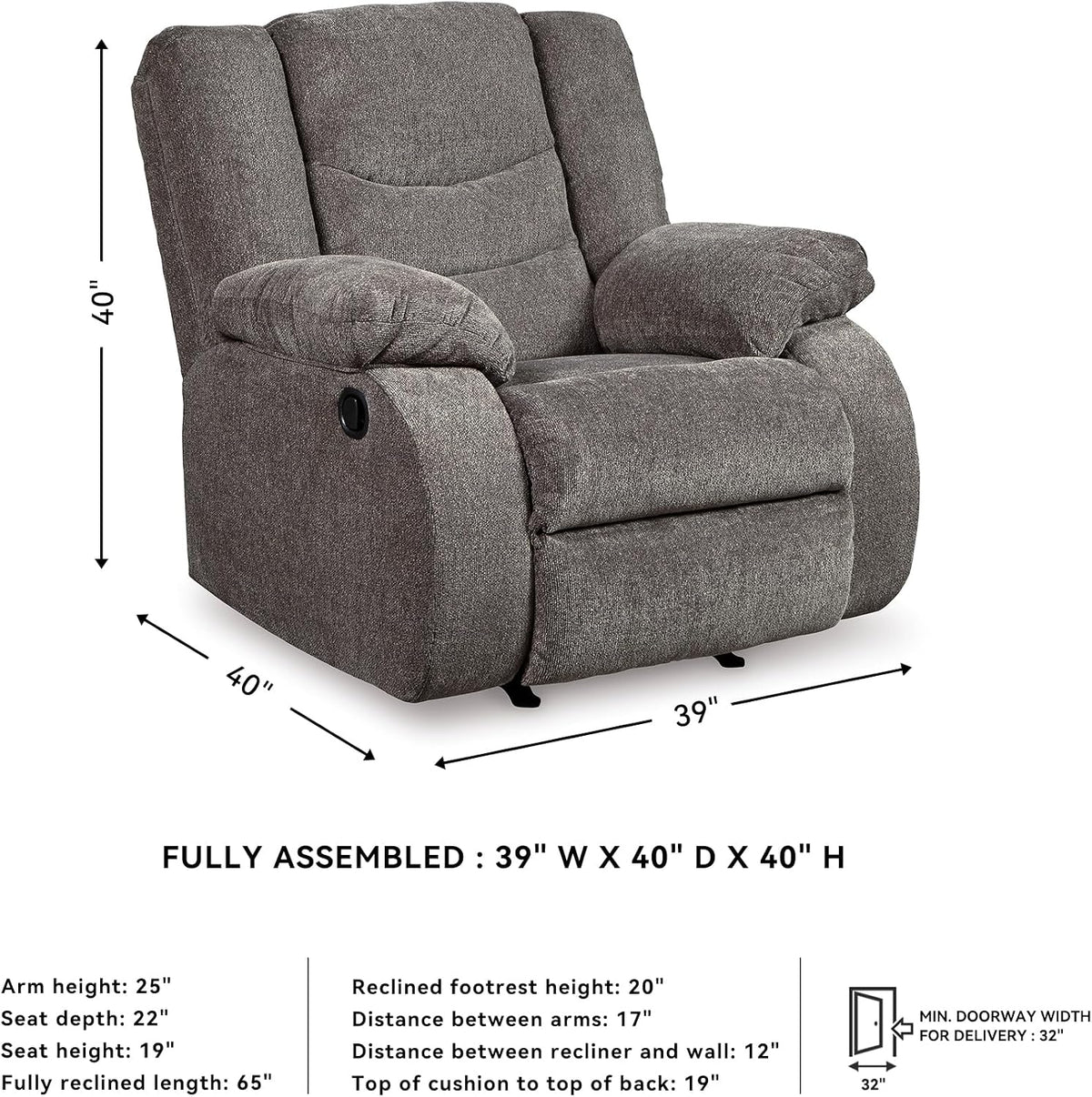 Signature Design by Ashley Manual Rocker Recliner Chair, Gray, Tulen