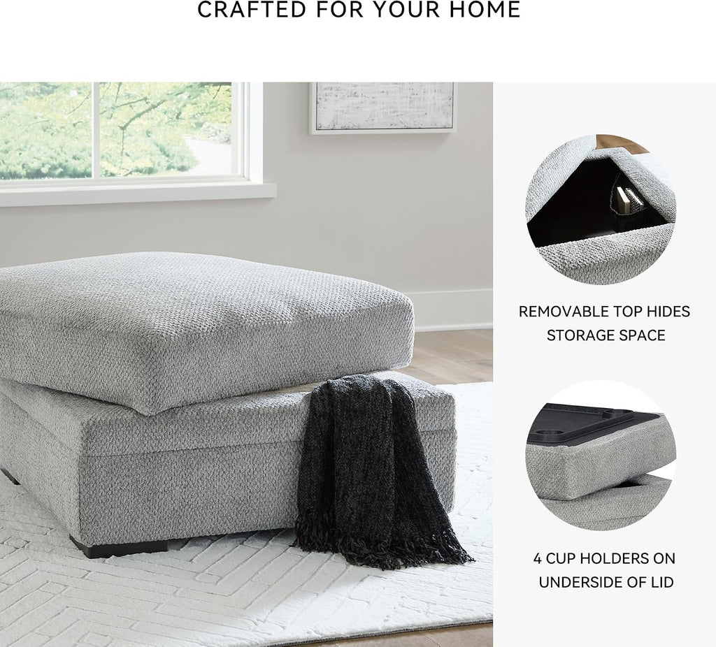 Signature Design by Ashley Square Ottoman with Storage and Cup Holders | Cement gray 100% polyester velvet, No assembly required, Faux wood legs, Casselbury Series