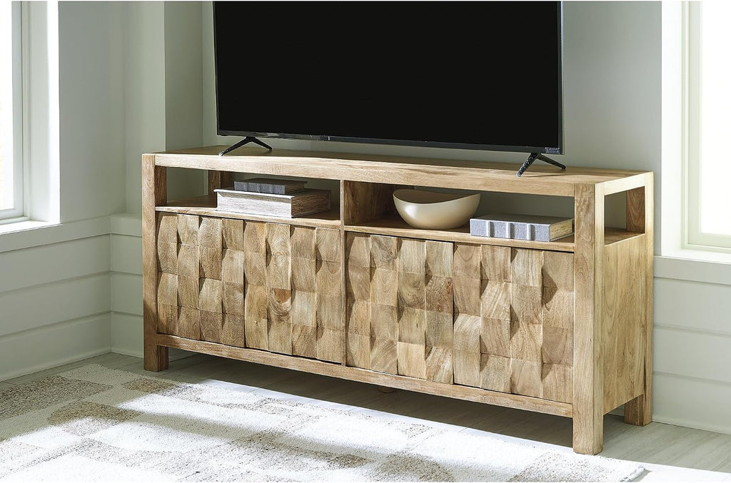 Signature Design by Ashley Hudwick Farmhouse 4-Door Accent Cabinet with 2 Adjustable Shelves, Light Brown