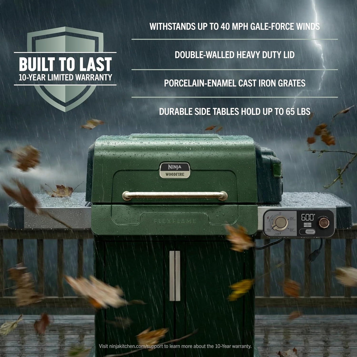 Ninja FlexFlame Grill & Smoker, Electric & Propane, 5-in-1, Green, PG301GN | Ninja FlexFlame is a 5-in-1 grill, smoker & griddle with precise 200-600°F control, fitting 3 chickens or 4 rib racks