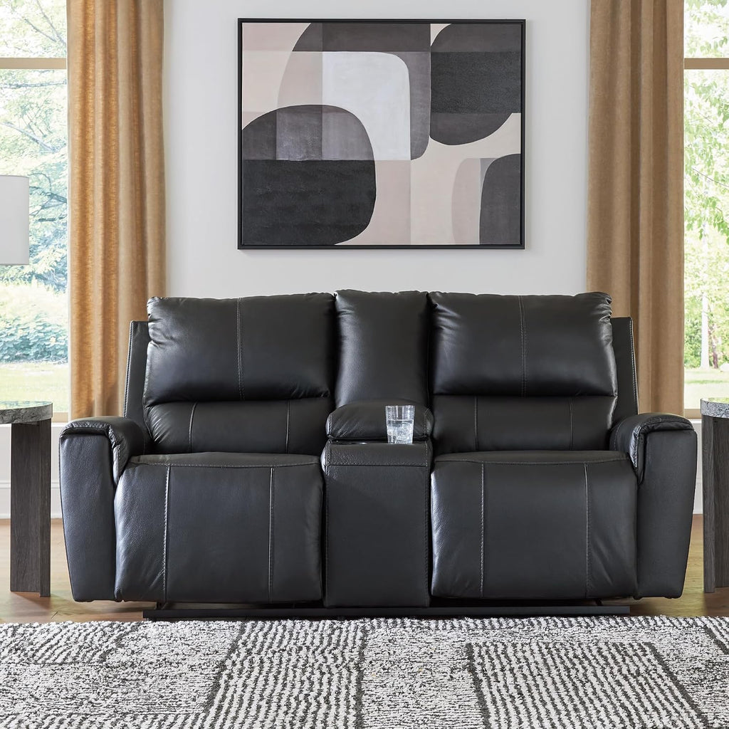 Signature Design by Ashley Leather Reclining Loveseat with Console, Black | Combination of leather and faux leather, Dual manual pull-tabs, Integrated center storage, Glassmere Series