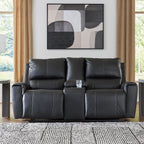 Signature Design by Ashley Leather Reclining Loveseat with Console, Black | Combination of leather and faux leather, Dual manual pull-tabs, Integrated center storage, Glassmere Series