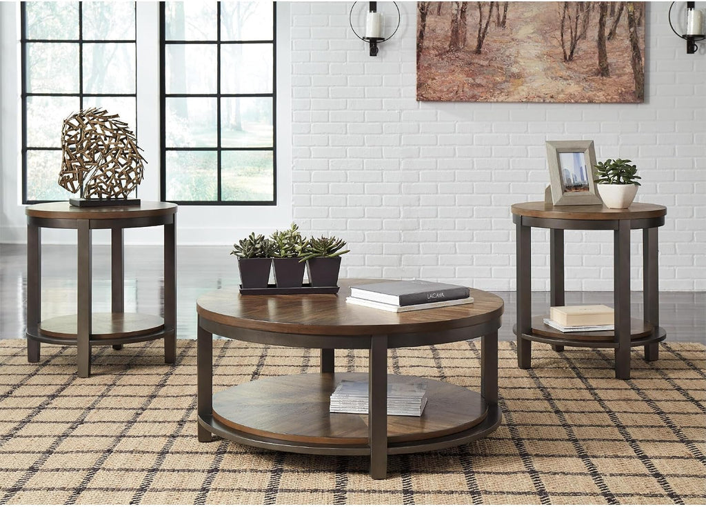 Signature Design by Ashley Roybeck 3-Piece Wood Coffee and End Table Set | Round tables with fixed lower shelves, Dark bronze-tone frame, Veneers, wood and engineered wood, Natural acacia finish