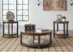 Signature Design by Ashley Roybeck 3-Piece Wood Coffee and End Table Set | Round tables with fixed lower shelves, Dark bronze-tone frame, Veneers, wood and engineered wood, Natural acacia finish