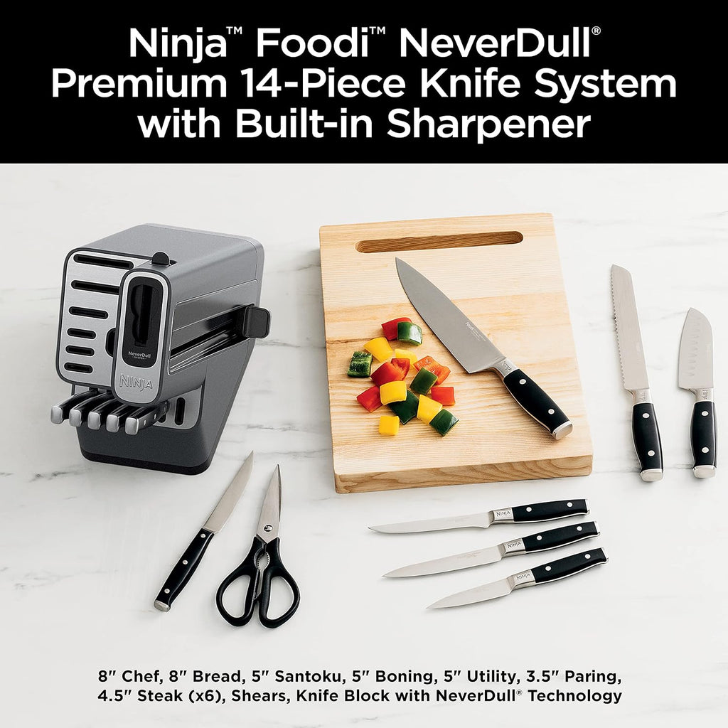 Ninja® Never Dull™ 14-Pc Knife System, Built-in Sharpener, Black, K32014 | Stays razor-sharp 10+ years. German stainless steel blades. A few swipes of the foolproof sharpener restores a superior edge.