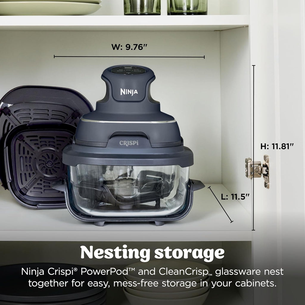 Ninja Crispi Glass Air Fryer, 4-in-1, Grey, FN101GY | Max crisp, bake, air fry, recrisp, 450F max, 4 Qt and 6 Cup containers, PFAS-free glass