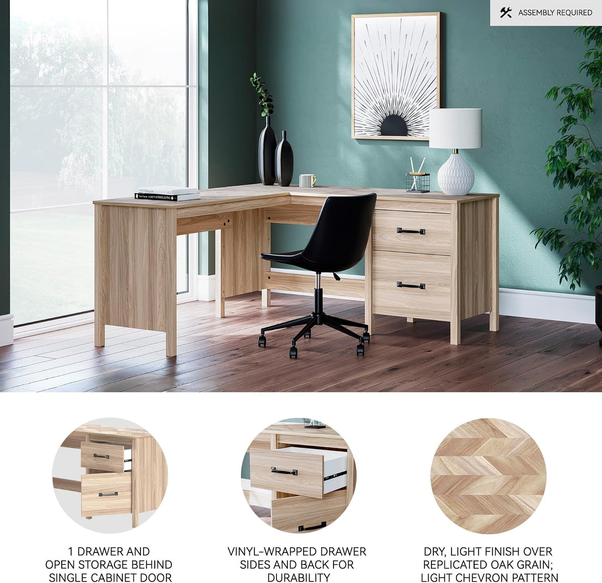 Signature Design by Ashley L-Shaped Home Office Desk with Return, 60" | Space-saving L-shaped corner workstation, Textured chevron engineered wood, Built-in cabinet, Smooth drawer, Battelle Series