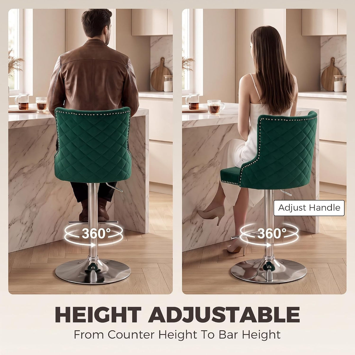 HOMCOM Bar Stools Set of 2 Modern Swivel Adjustable for Home Bar Dark Green