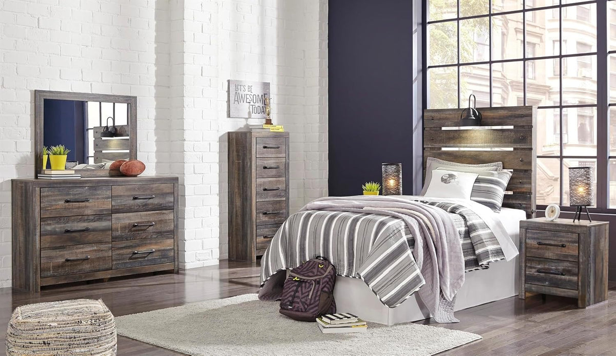 Signature Design by Ashley Rustic 6 Drawer Bedroom Dresser, Drystan | Faux linen drawer lining, Rustic brown finish with subtle teal accents, Sturdy 59-inch wide engineered wood frame