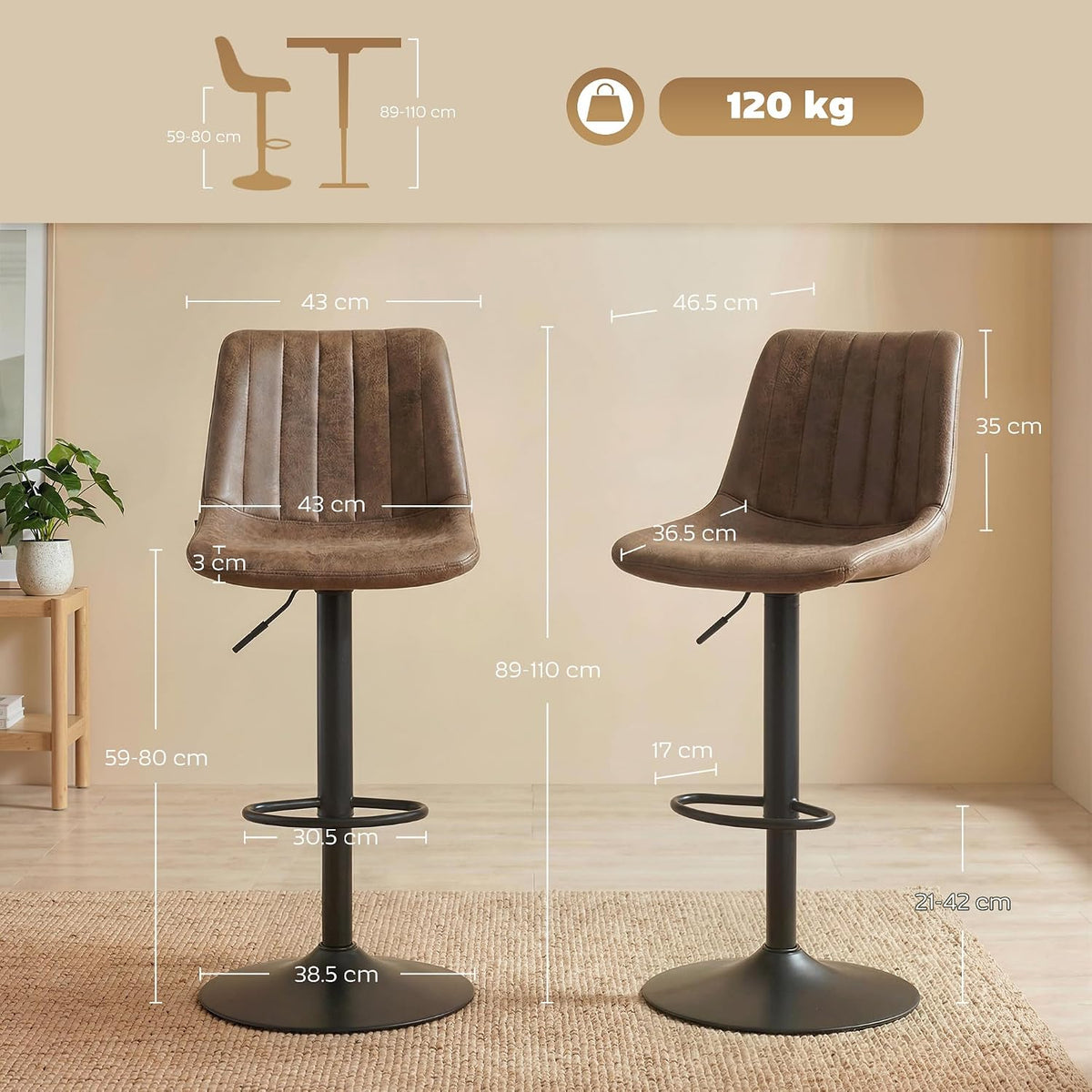 HOMCOM Bar Stools Set of 2 Swivel High Kitchen Island Stools Brown