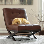 Signature Design by Ashley Scissor Base Slipper Accent Chair, Brown | Brown faux leather, Mid-century modern Barcelona style, 18-inch seat height, Ideal for small spaces, Sidewinder Series