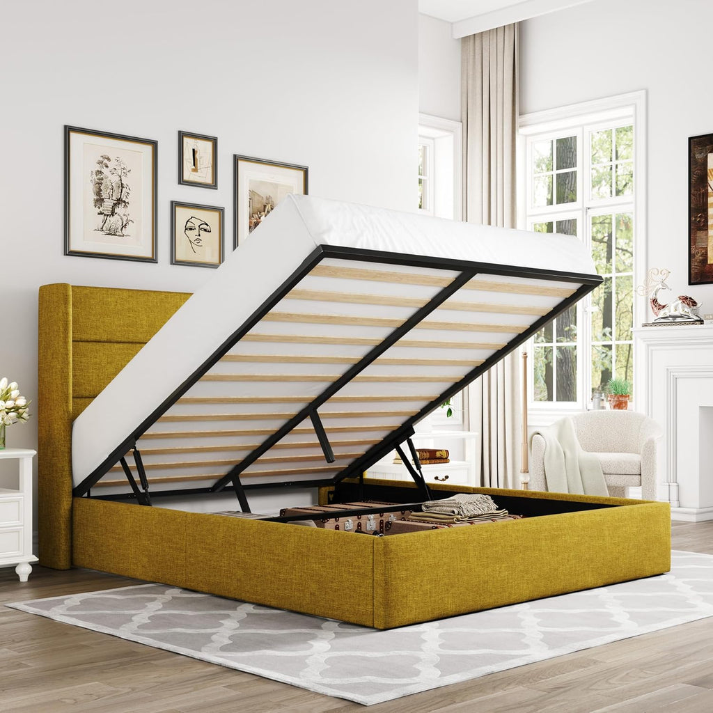 Allewie Queen Size Lift Up Hydraulic Storage Bed Frame Olive Yellow