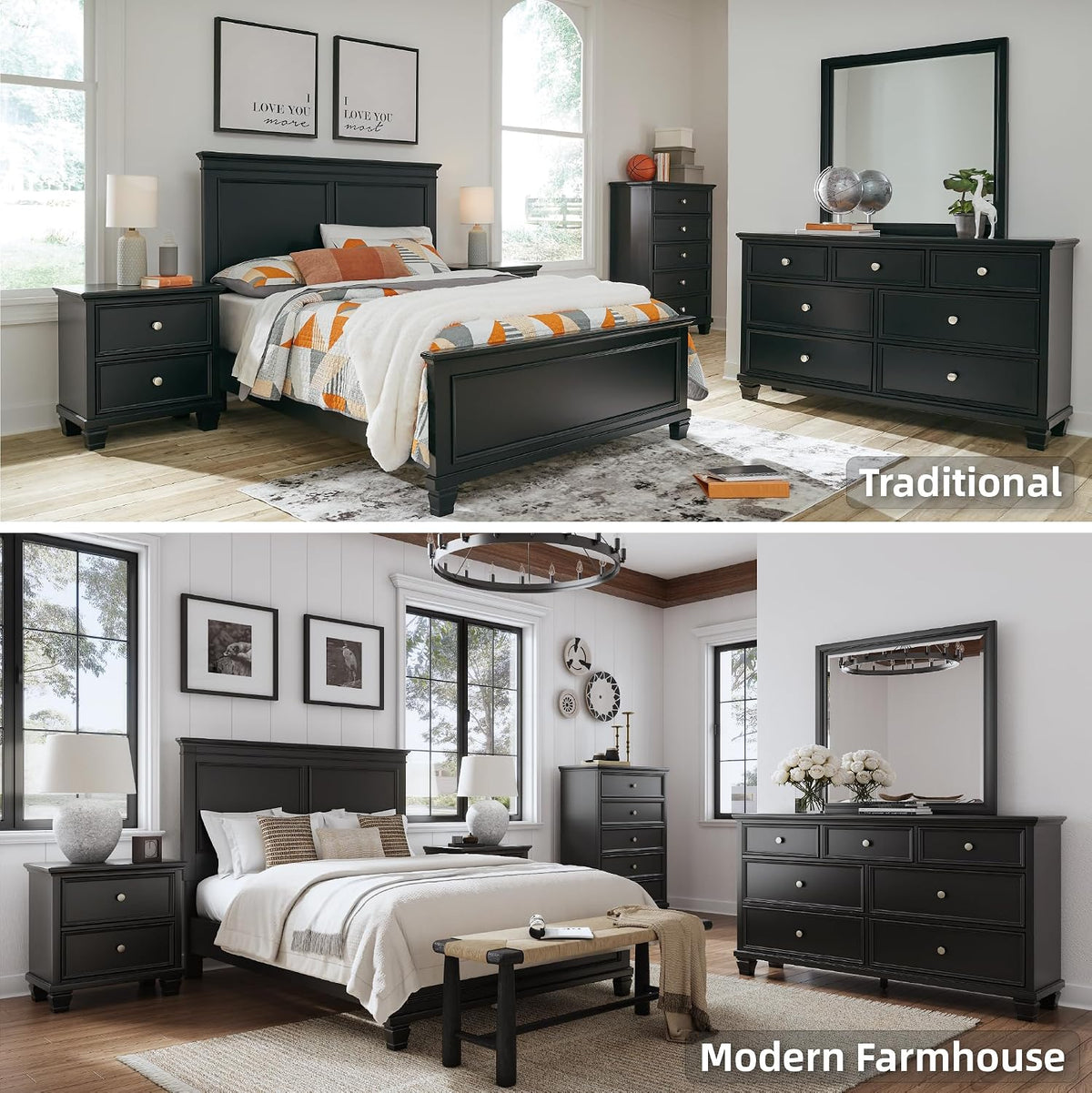 Signature Design by Ashley Tall Farmhouse Nightstand, 2 Drawer, Black