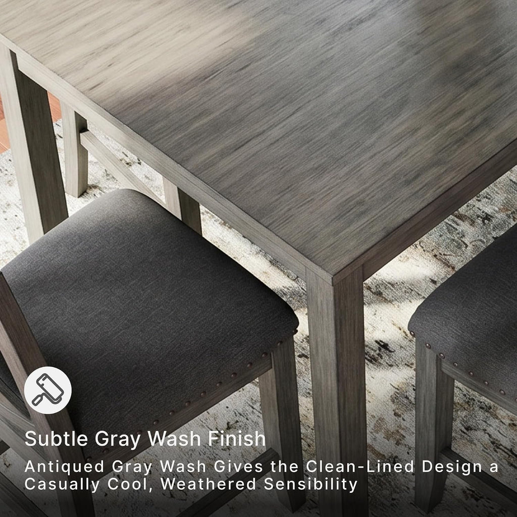 Signature Design by Ashley Caitbrook Counter Height Dining Table Set for 6 | Hardwood solids, Acacia veneer and MDF substrate table, 6 upholstered space-saving stools, Antiqued gray wash finish