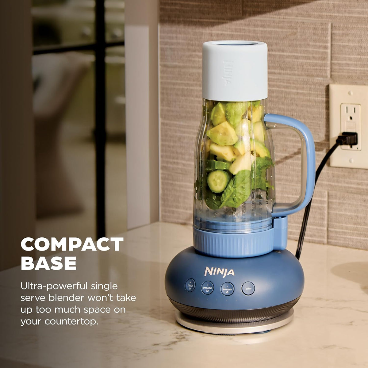 Ninja BlendBOSS Personal Blender, 26oz Tumbler, 1200PW, Cyberspace, DB351CY | 1200-peak-watt BlendBOSS crushes ice to snow. 26-oz leakproof tumbler, chug spout & detachable straw. Dishwasher safe.