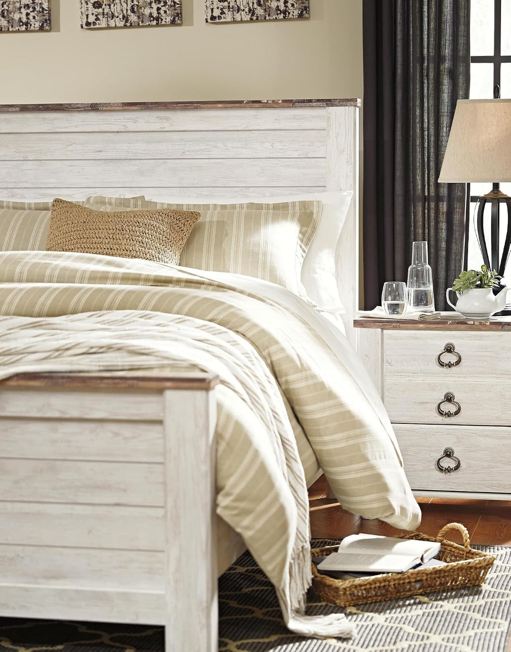 Signature Design by Ashley Coastal Queen Panel Headboard, Whitewash | Engineered wood rustic queen headboard, Farmhouse headboard queen option with built-in USB chargers, Willowton Series