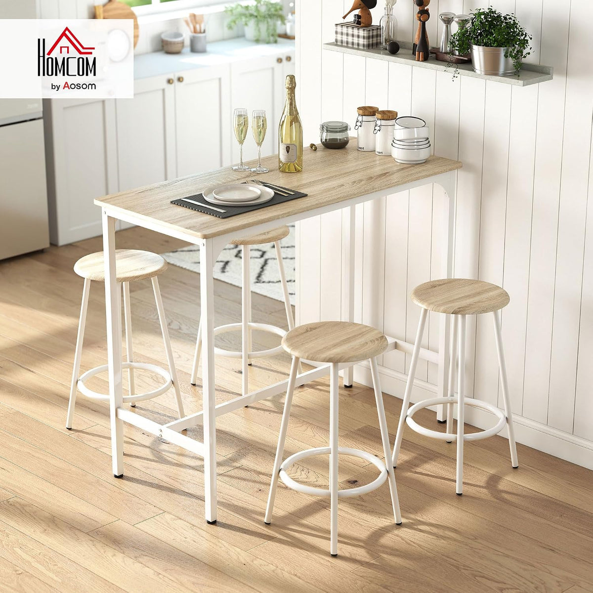 HOMCOM Breakfast 5 Piece Bar Table Set for 4 with Stools, Natural Wood