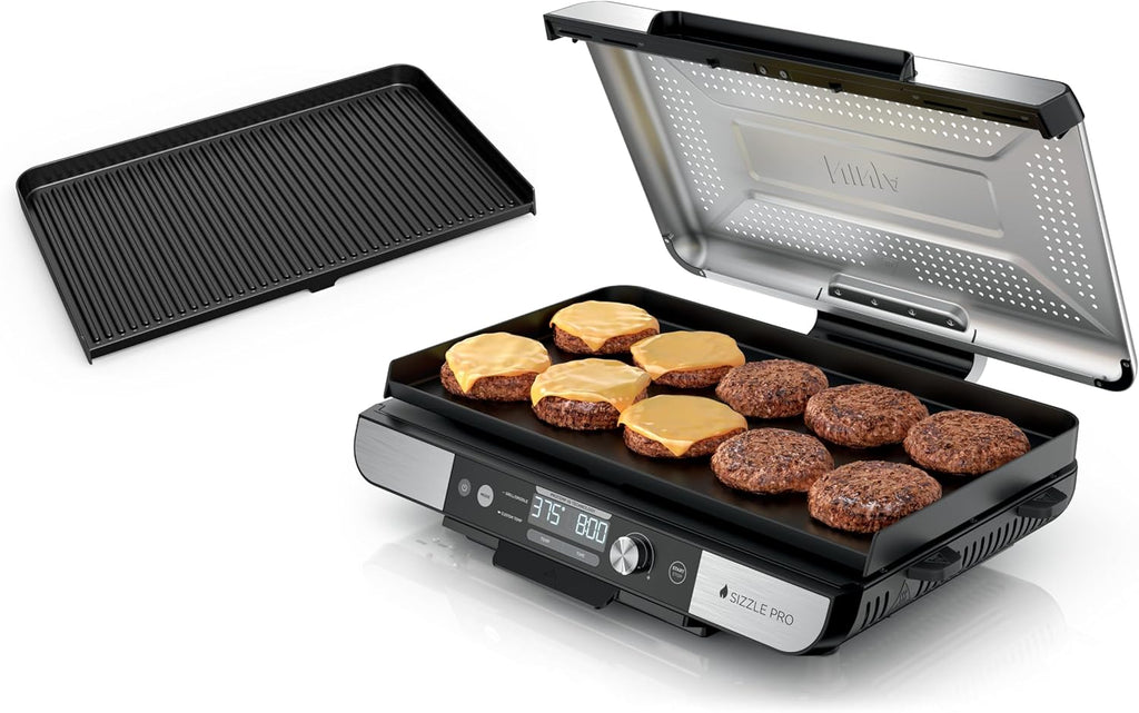 Ninja® Sizzle™ Pro XL 20'' Indoor Griddle & Grill, Silver, GX101 | 40% larger cooking surface, ProTemp IQ edge-to-edge heat, ceramic nonstick plates, detachable ventilated lid, grease control.
