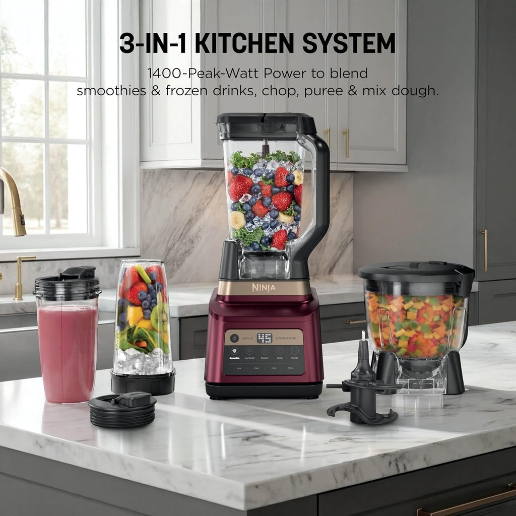 Ninja Professional Plus Kitchen System, 1400WP, Auto-iQ, Red, BN801RD1BRN | 5 functions for smoothies, chopping & dough with Auto-iQ. 72-oz blender pitcher, 64-oz processor, (2) 24-oz cups.
