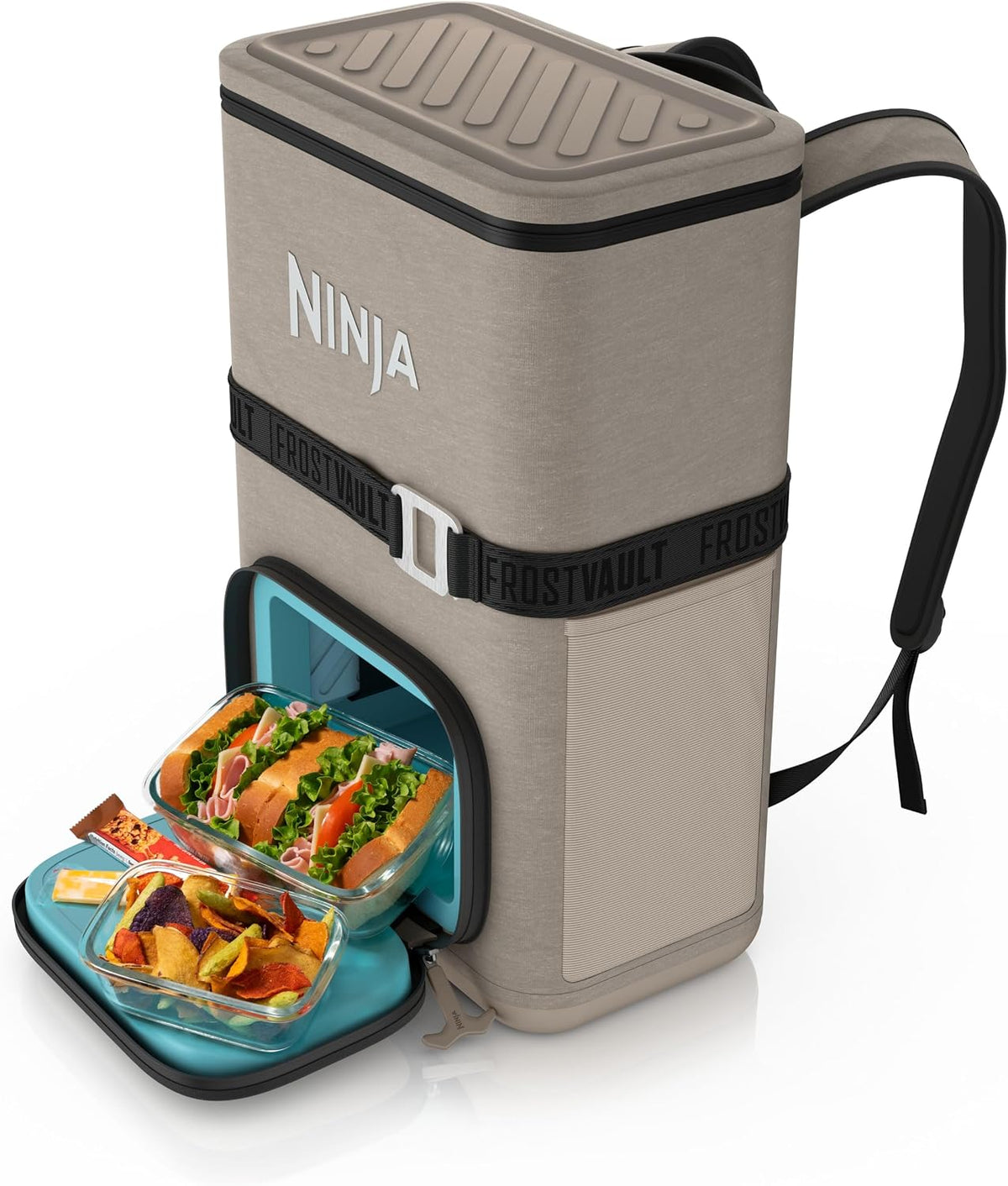 Ninja FrostVault™ Go Soft Backpack Cooler, Dry Storage, Birch Beige | Ninja FrostVault Go soft cooler, stays cool for hours with a leakproof, easy-access lid, and carries like a backpack