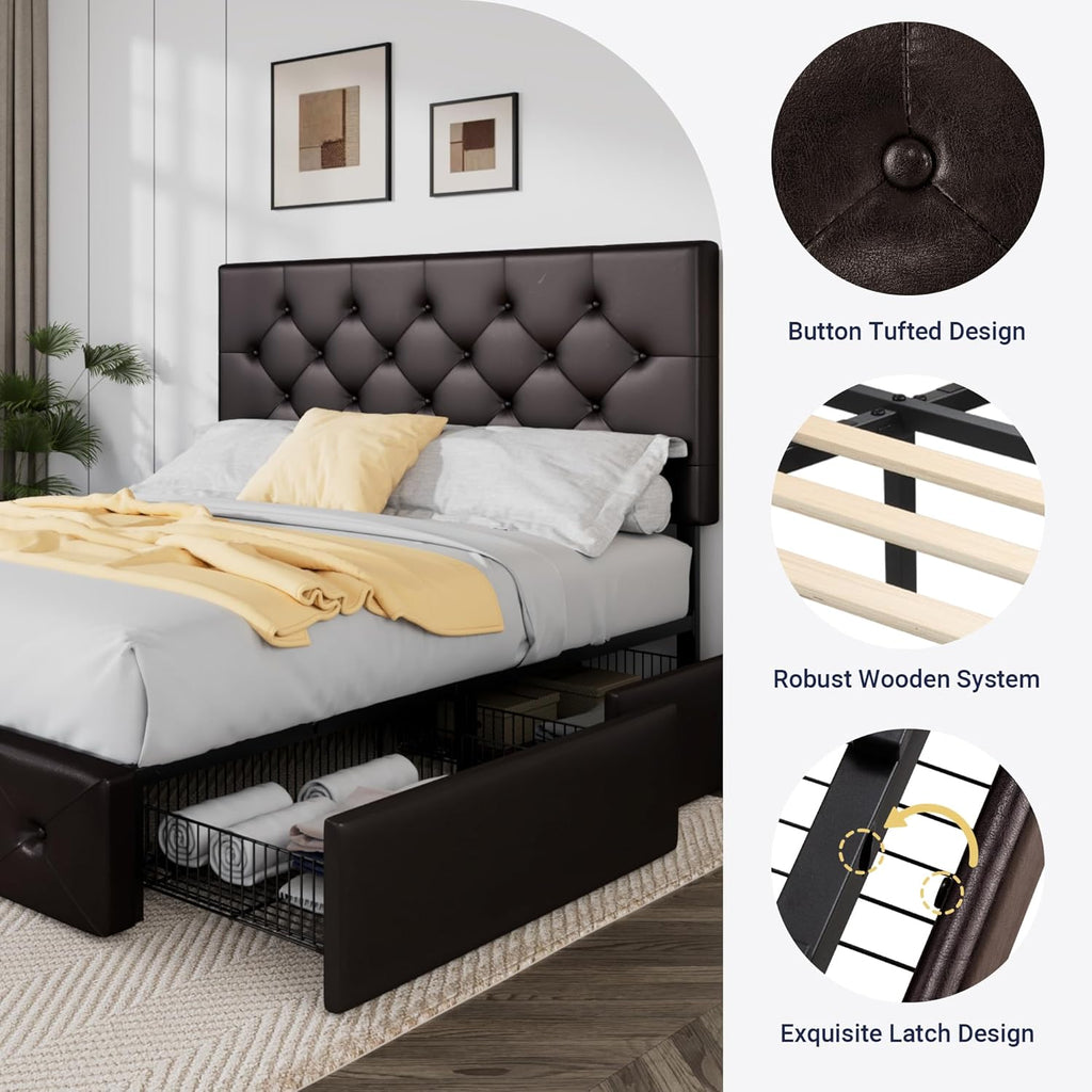 Allewie Queen Size Storage Bed Frame with 4 Underbed Drawers, Upholstered Platform Bed with Adjustable Headboard, Diamond Button Tufted, Easy Assembly, Noise-Free, No Box Spring Needed, Brown