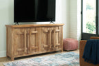 Signature Design by Ashley 4-Door Wood Accent Cabinet, Sideboard Credenza | Mango wood, veneer and engineered wood credenza, Soft-close hinges, Cord management, 2 fixed shelves, Dresor Series