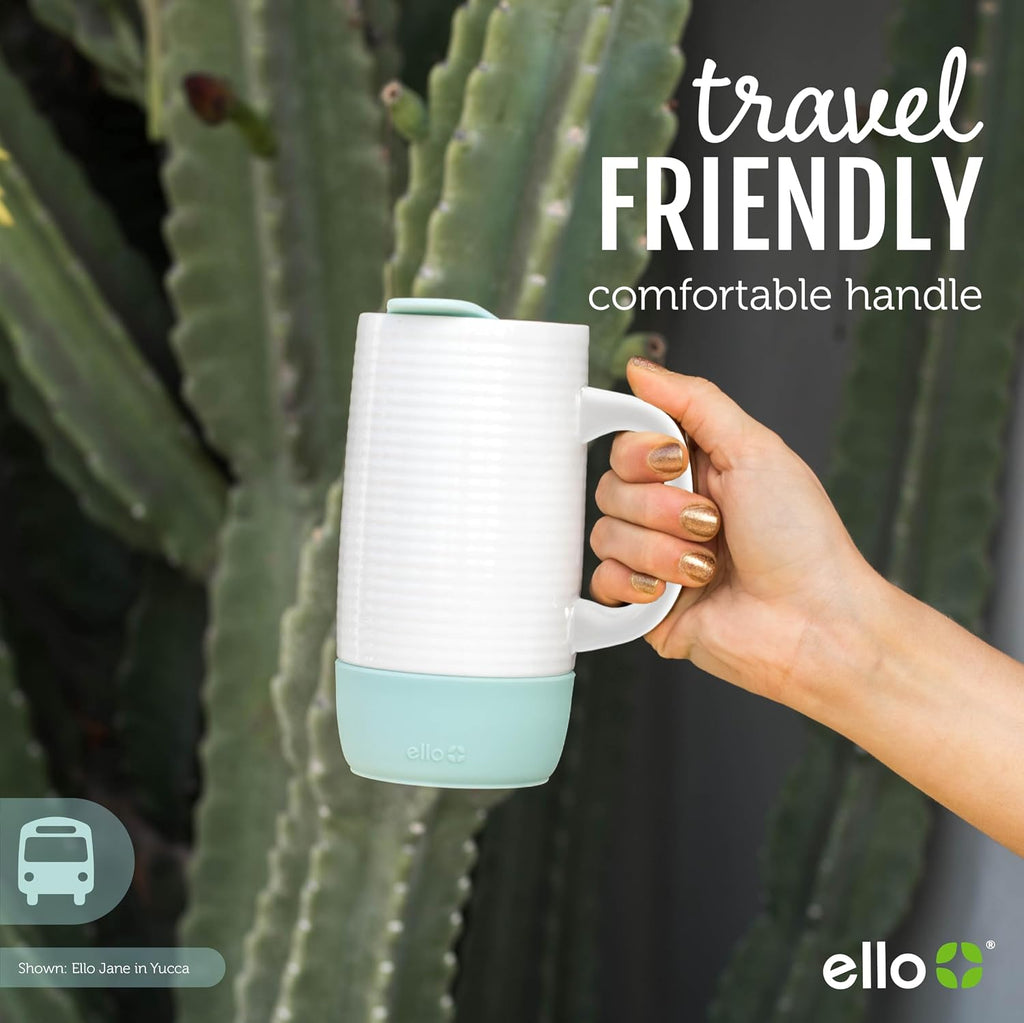 Ello Jane 18oz Ceramic Travel Mug with Handle and Built-In Coaster, Sandbar