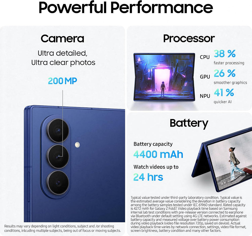 Samsung Galaxy Z Fold7 AI Phone, Thin and Light Foldable Design, Large Screen, 200MP Camera, 256GB Storage, 12GB Memory, 4400 mAh Battery, Blue Shadow, 3 Year Extended Warranty (UK Version)