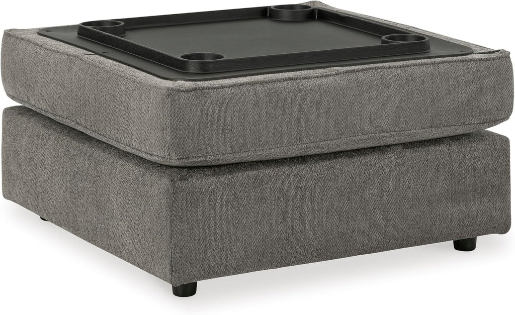 Signature Design by Ashley Putty Grey Ottoman with Storage | Square storage ottoman with reversible tray top and built-in cup holders, Putty grey herringbone chenille, O'Phannon Series