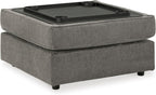 Signature Design by Ashley Putty Grey Ottoman with Storage | Square storage ottoman with reversible tray top and built-in cup holders, Putty grey herringbone chenille, O'Phannon Series