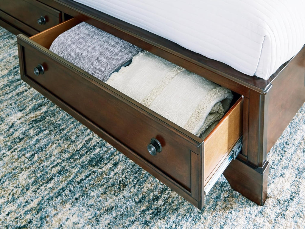 Signature Design by Ashley King Sleigh Storage Bed Frame, Brown | Hardwood solids, Select hardwood veneer and MDF substrate, King sleigh bed, Dark bronze-tone knobs, Trellington Series