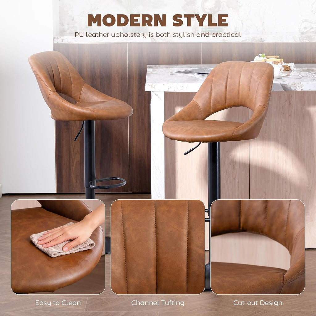 HOMCOM Bar Stools Set of 2 Swivel Adjustable Height with Footrest Brown