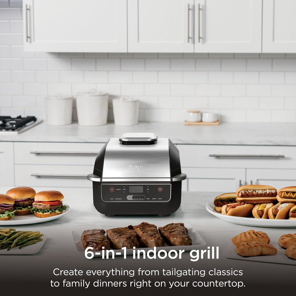 Ninja® Foodi® 6-in-1 Indoor Grill & Air Fryer, 500°F, Black/Silver, EG201 | Cyclonic Grilling, 500°F Surround Searing for char-grilled marks, virtually smoke-free. 6-in-1: Grill, Air Fry, Roast & more.
