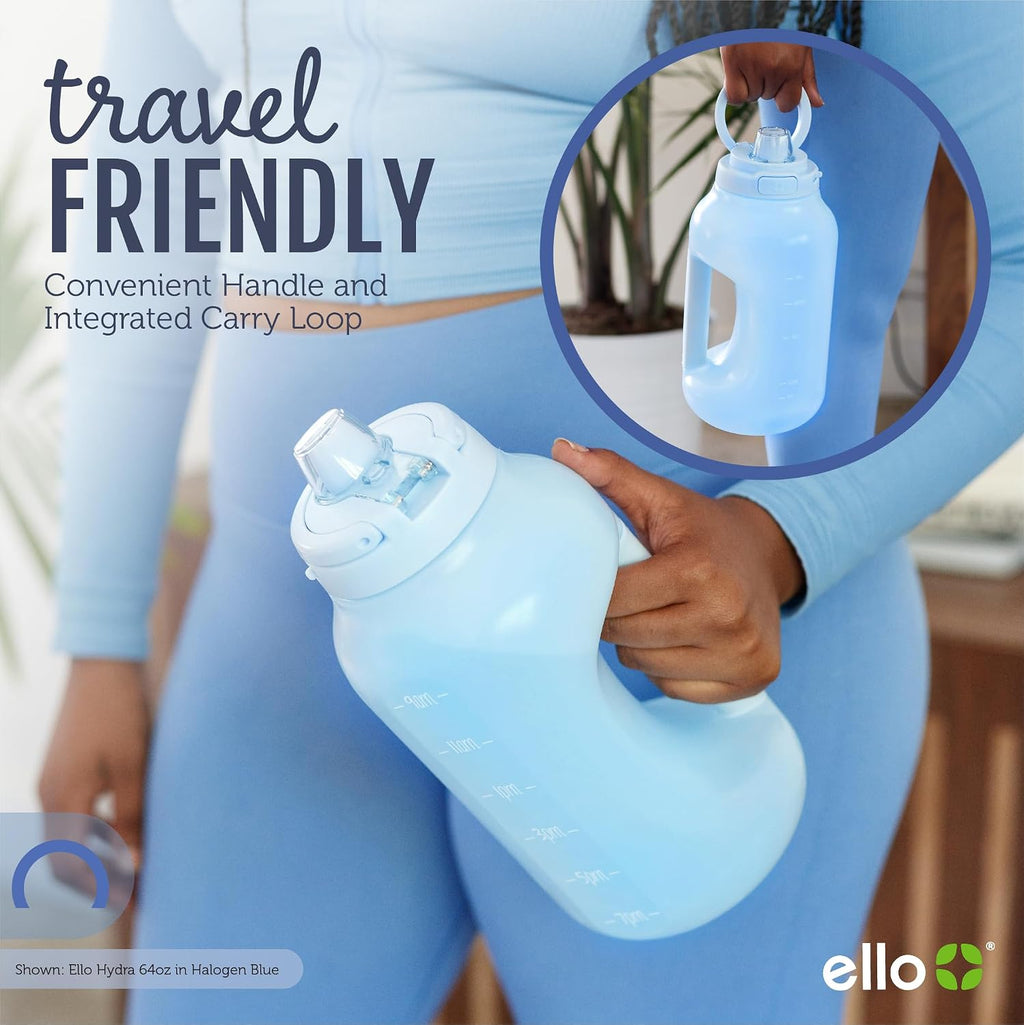 Ello Hydra 64oz Half Gallon Water Jug with Handle and Motivational Time Markers for All Day Hydration, Plastic Reusable Water Bottle with Straw and Locking, Leak Proof Lid, BPA Free, Halogen Blue