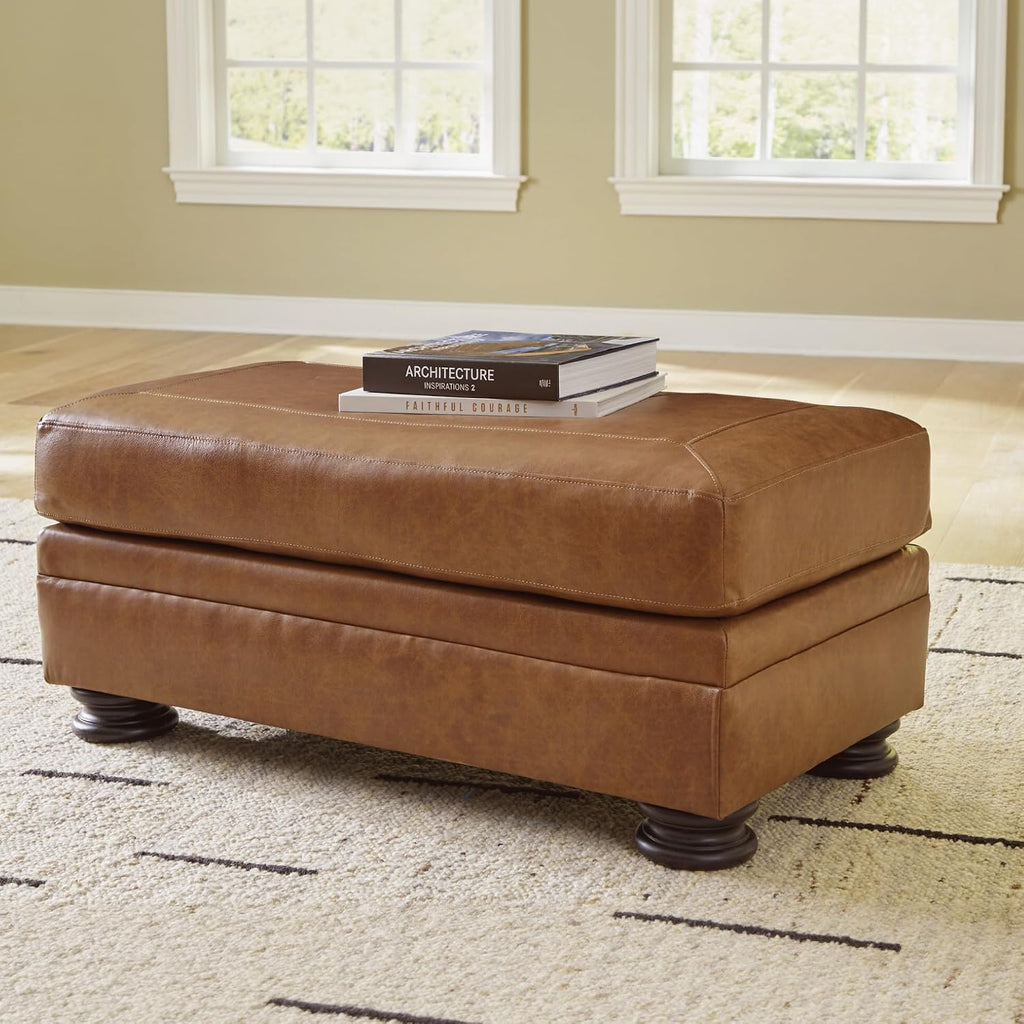 Signature Design by Ashley Carianna Rectangular Leather Ottoman, Caramel | No assembly required, Top-grain leather cushion, Faux leather sides, 19-in seat height